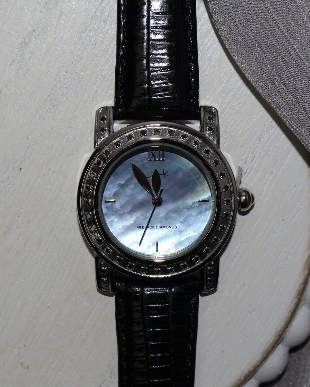 40 Black Diamonds Mother Of Pearl Dial Black Leather Watch 32.56G / 9.5in